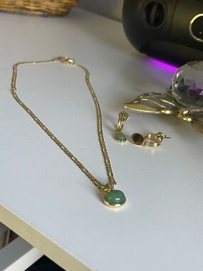 Ana Luisa Gold-Tone Necklace and Earrings with Real Green Jade Stone Pendant Set